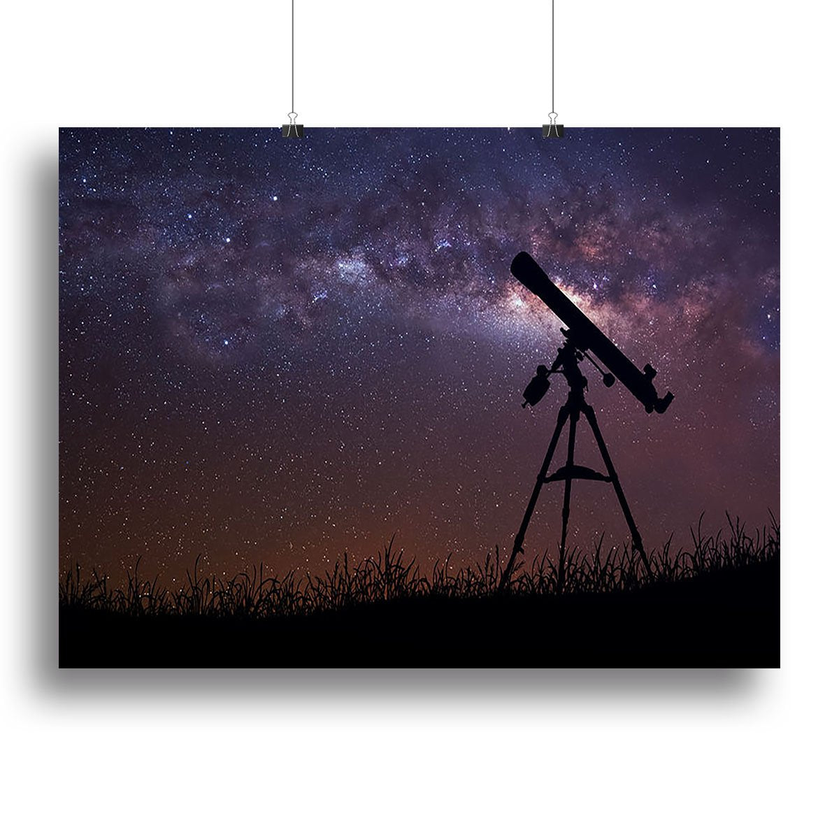 Infinite space background with silhouette of telescope Canvas Print or Poster