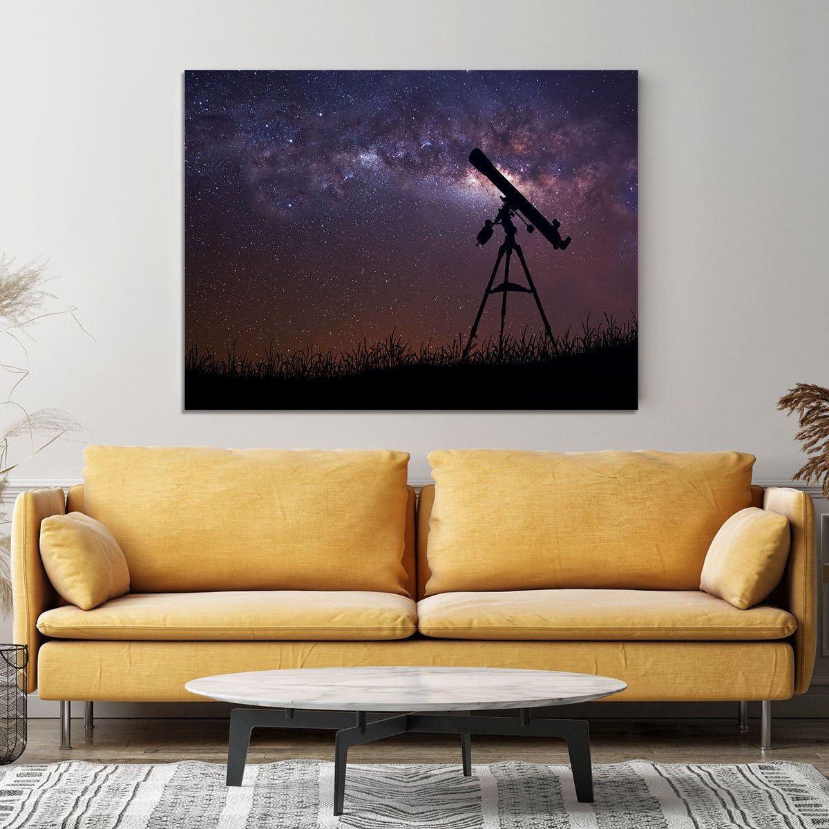 Infinite space background with silhouette of telescope Canvas Print or Poster
