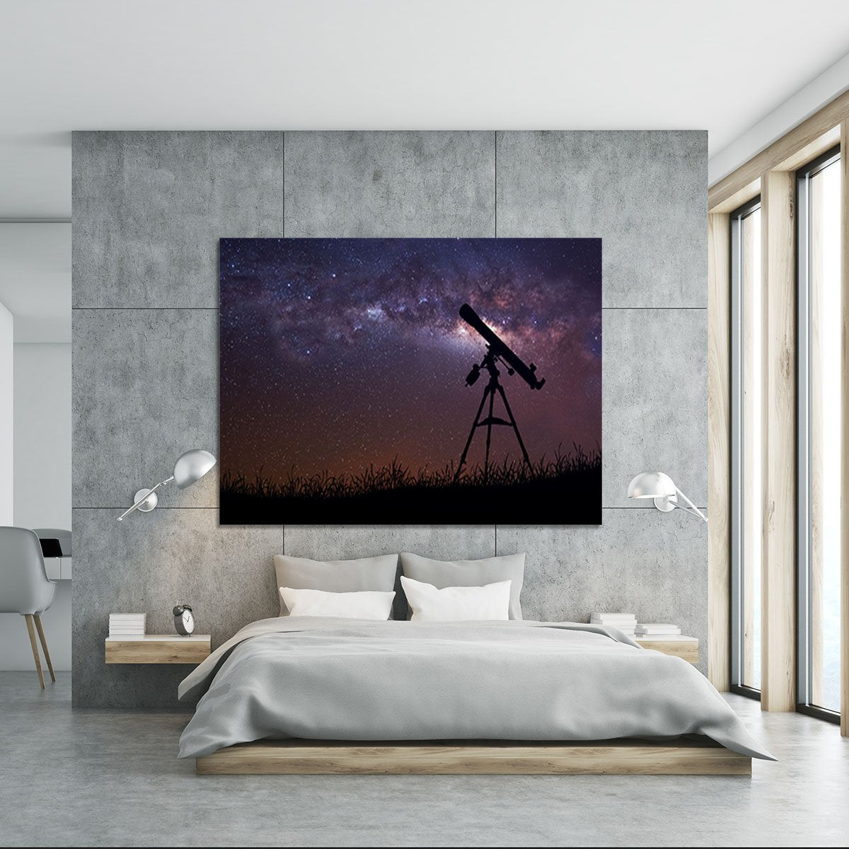 Infinite space background with silhouette of telescope Canvas Print or Poster