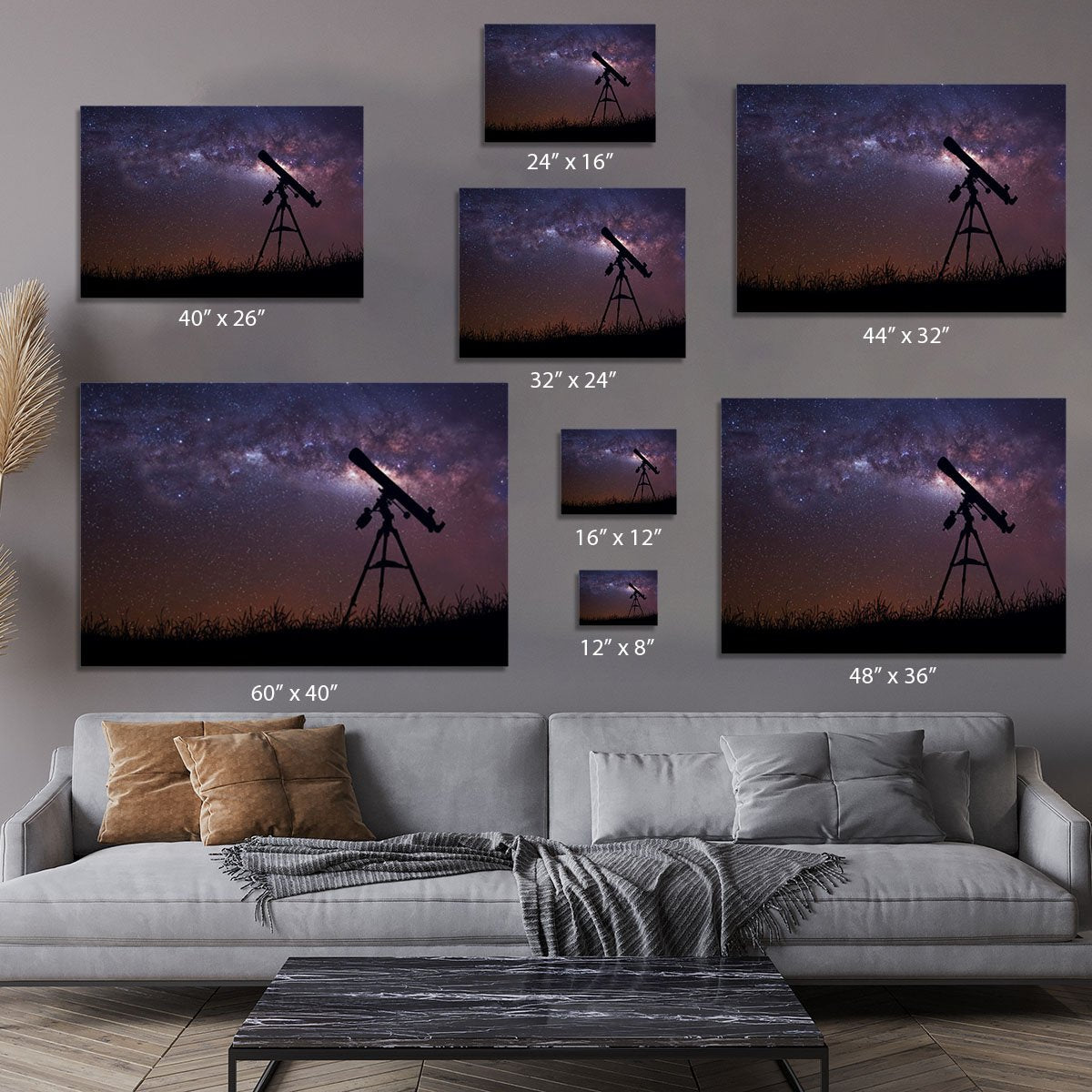 Infinite space background with silhouette of telescope Canvas Print or Poster