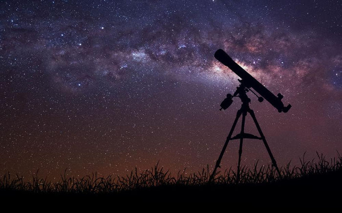 Infinite space background with silhouette of telescope Wall Mural Wallpaper