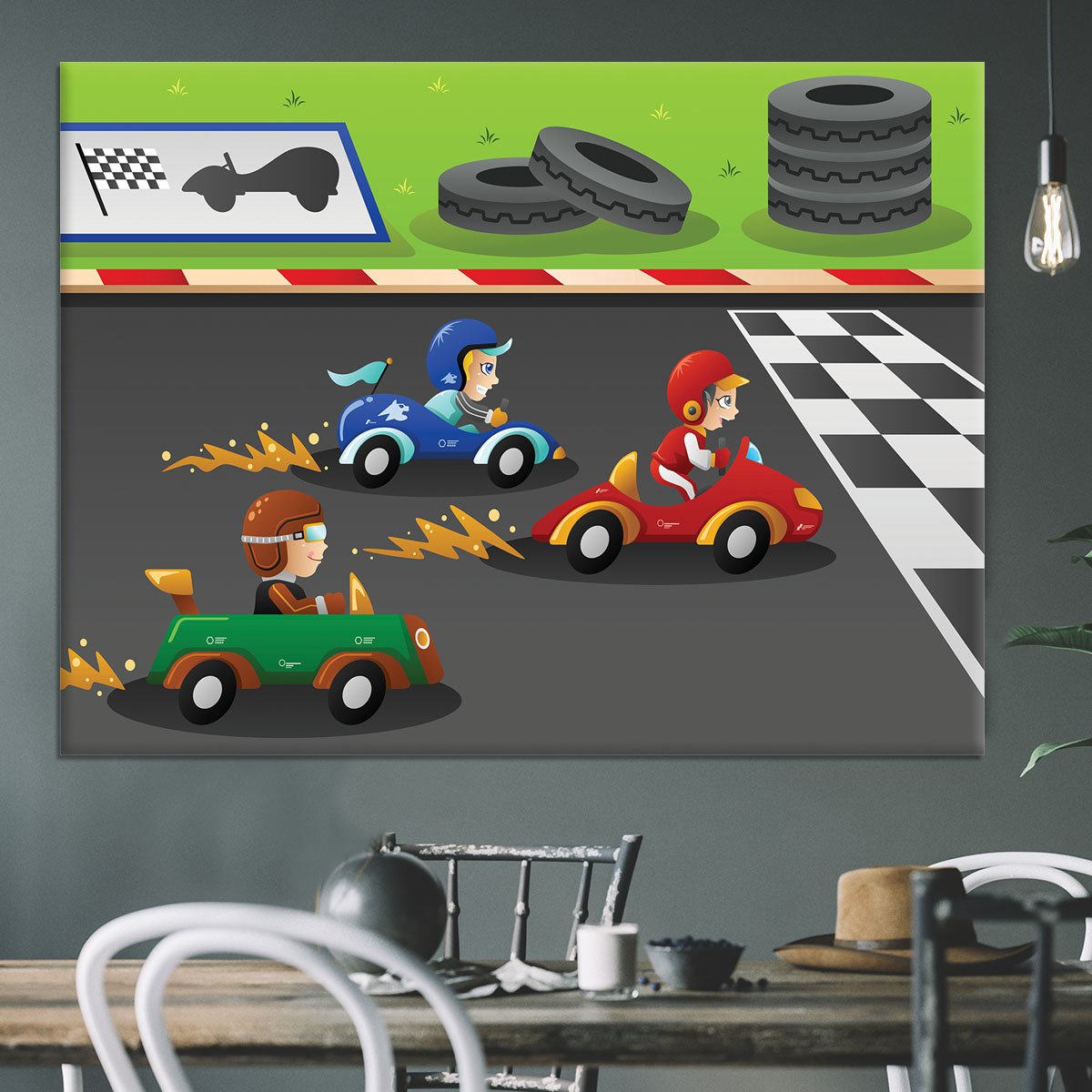 Kids in a car racing Canvas Print or Poster
