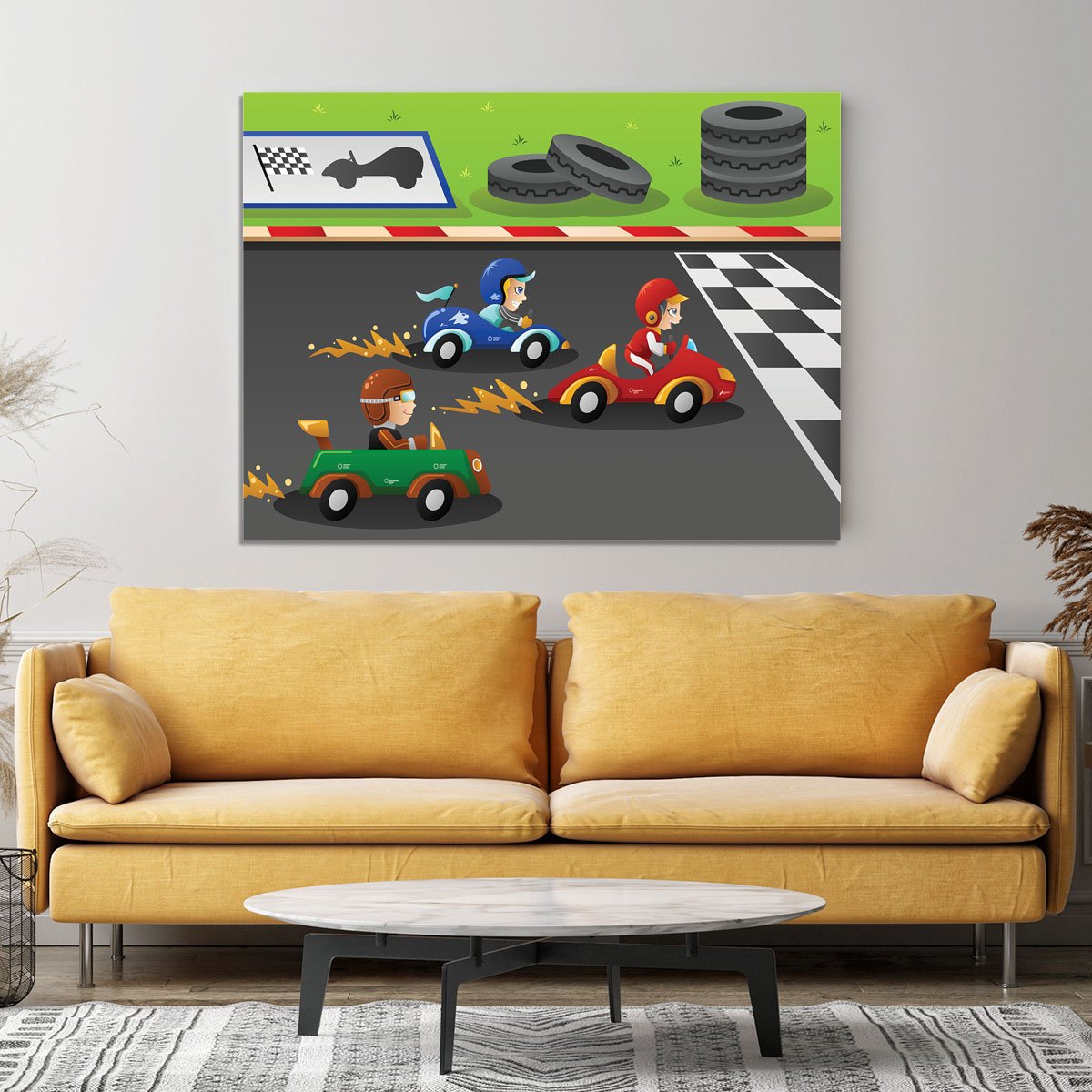 Kids in a car racing Canvas Print or Poster
