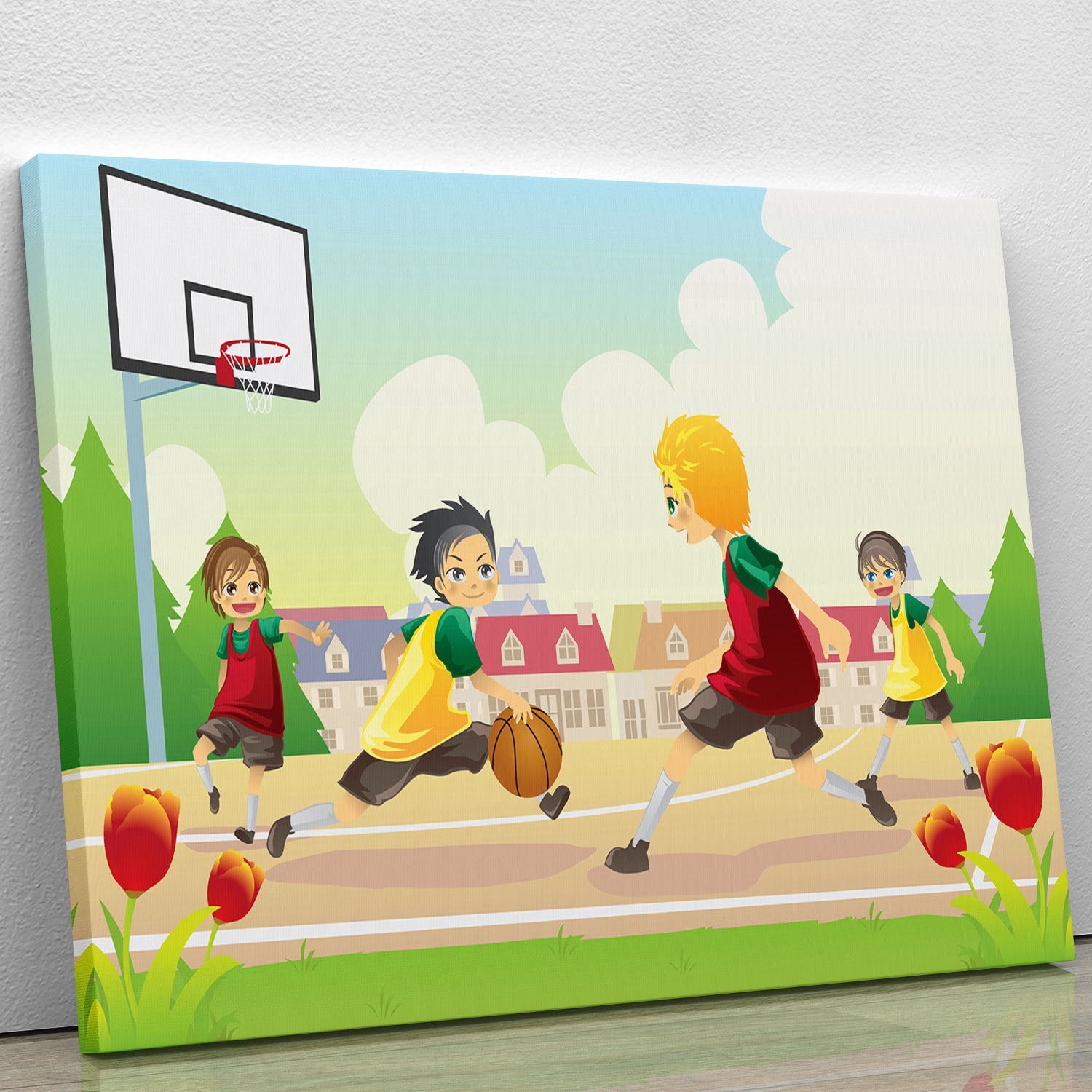 Kids playing basketball in the suburban area Canvas Print or Poster