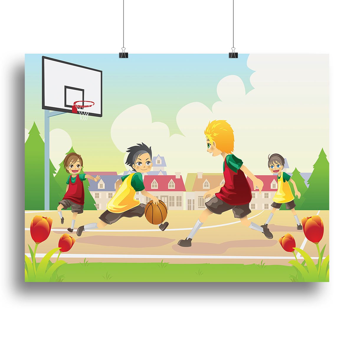Kids playing basketball in the suburban area Canvas Print or Poster