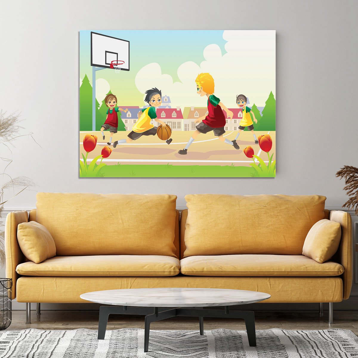 Kids playing basketball in the suburban area Canvas Print or Poster