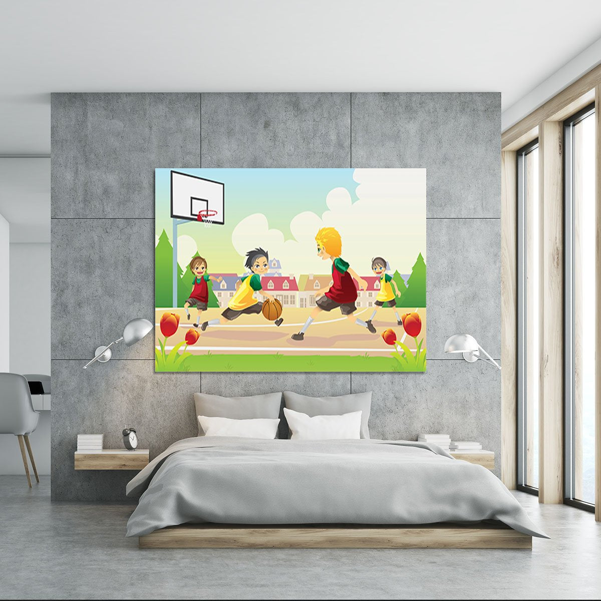 Kids playing basketball in the suburban area Canvas Print or Poster