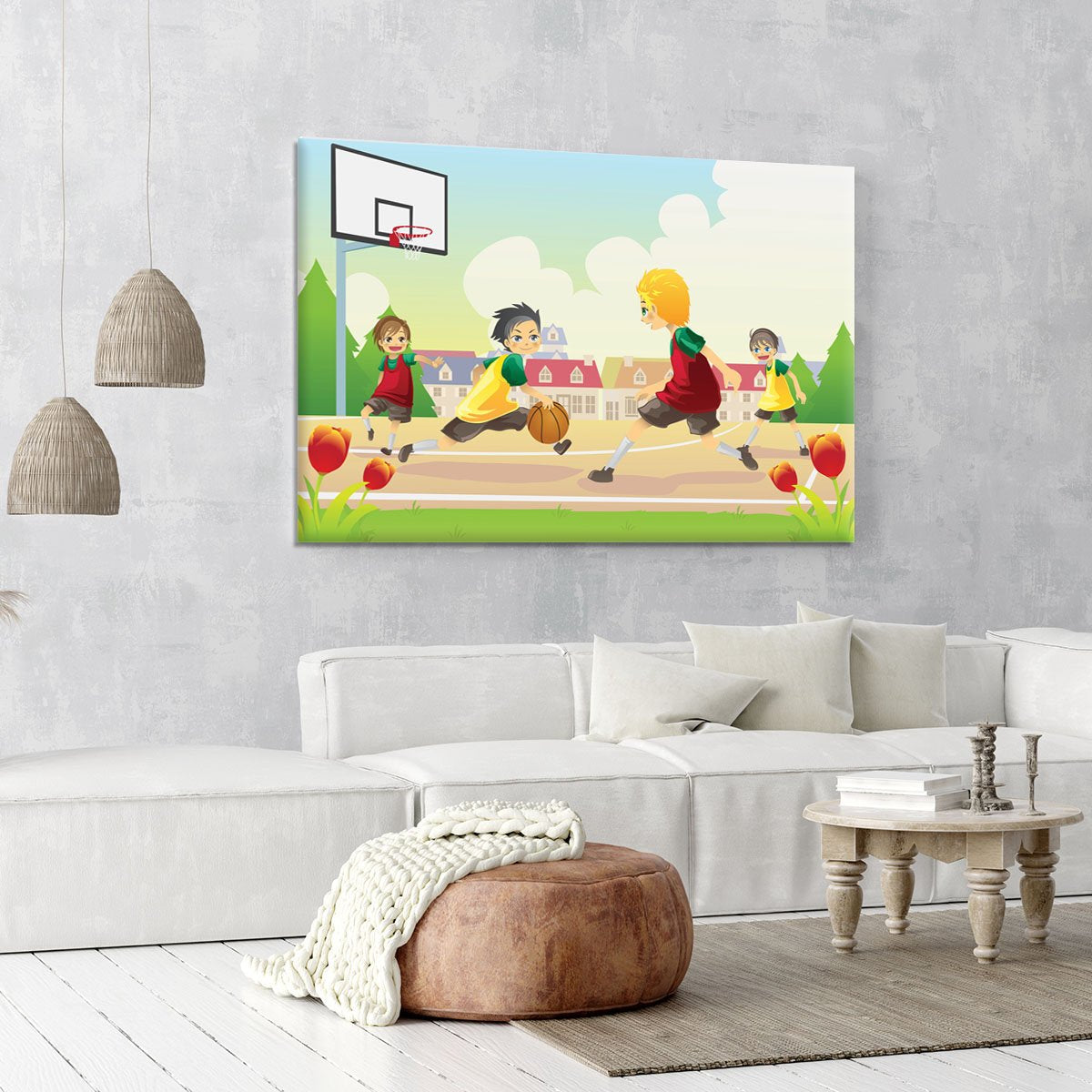 Kids playing basketball in the suburban area Canvas Print or Poster