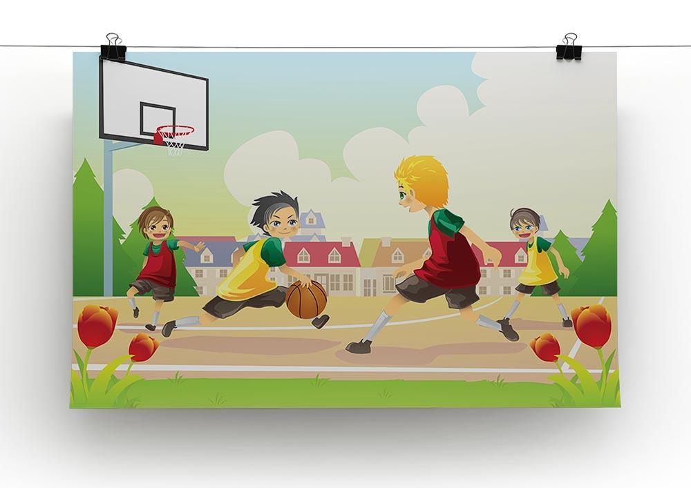 Kids playing basketball in the suburban area Canvas Print or Poster - Canvas Art Rocks - 2