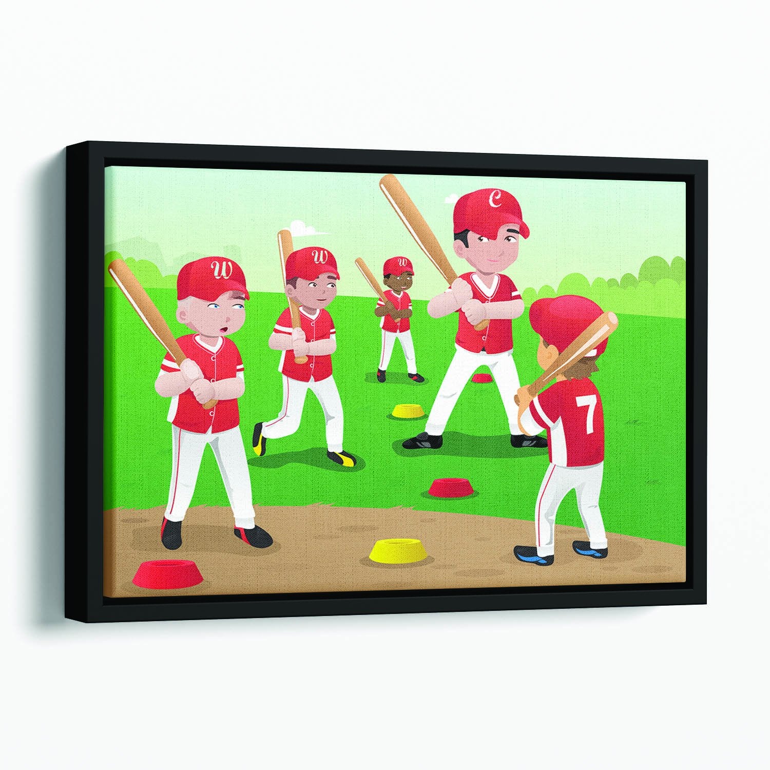 Kids practicing baseball Floating Framed Canvas