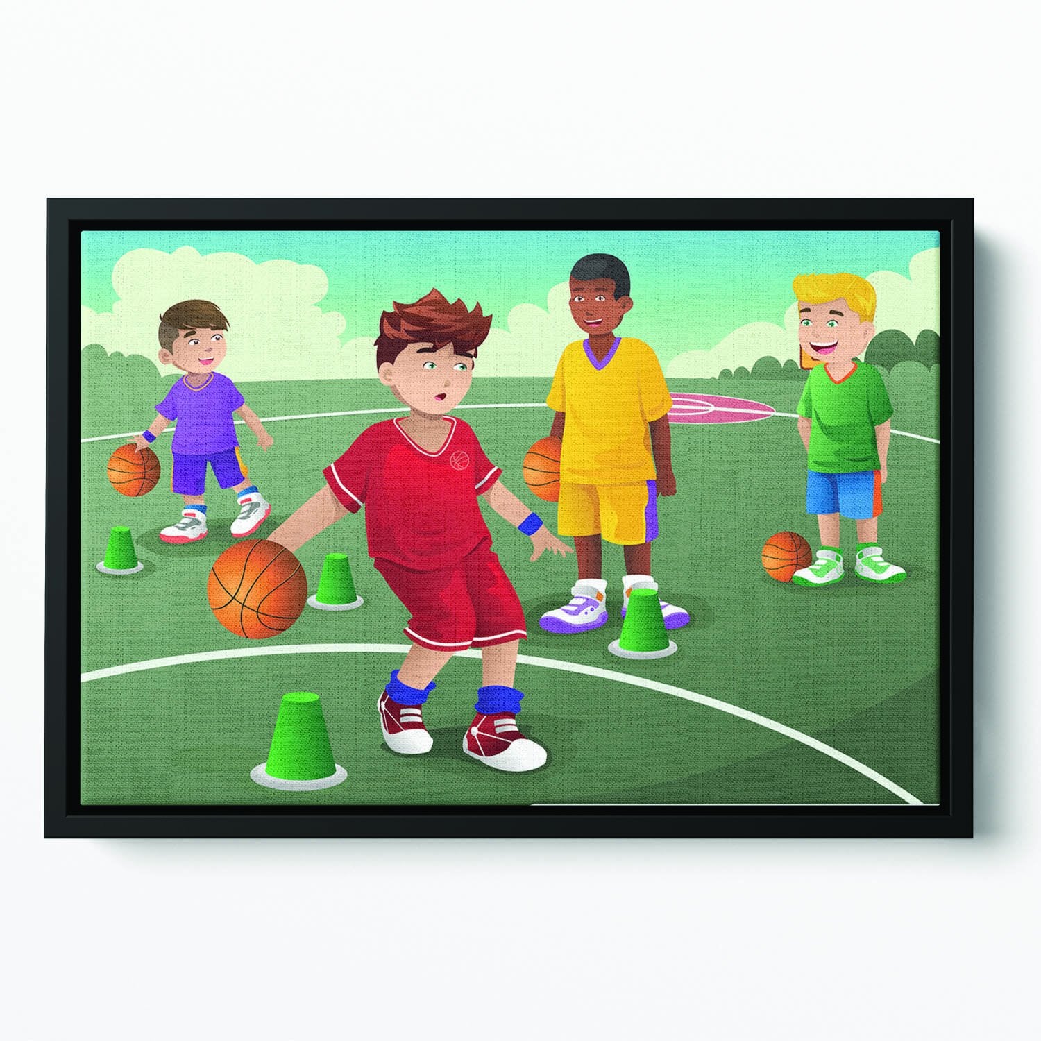 Kids practicing basketball Floating Framed Canvas