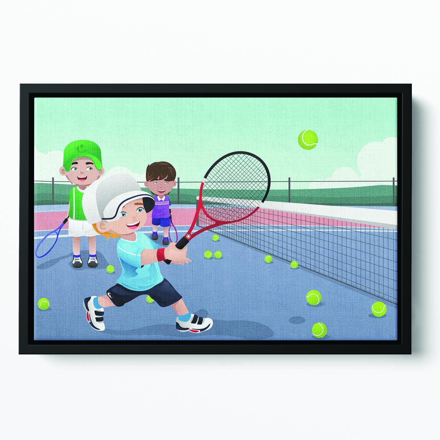 Kids practicing tennis Floating Framed Canvas