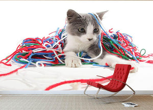 Kitten playing with yarn Wall Mural Wallpaper - Canvas Art Rocks - 2
