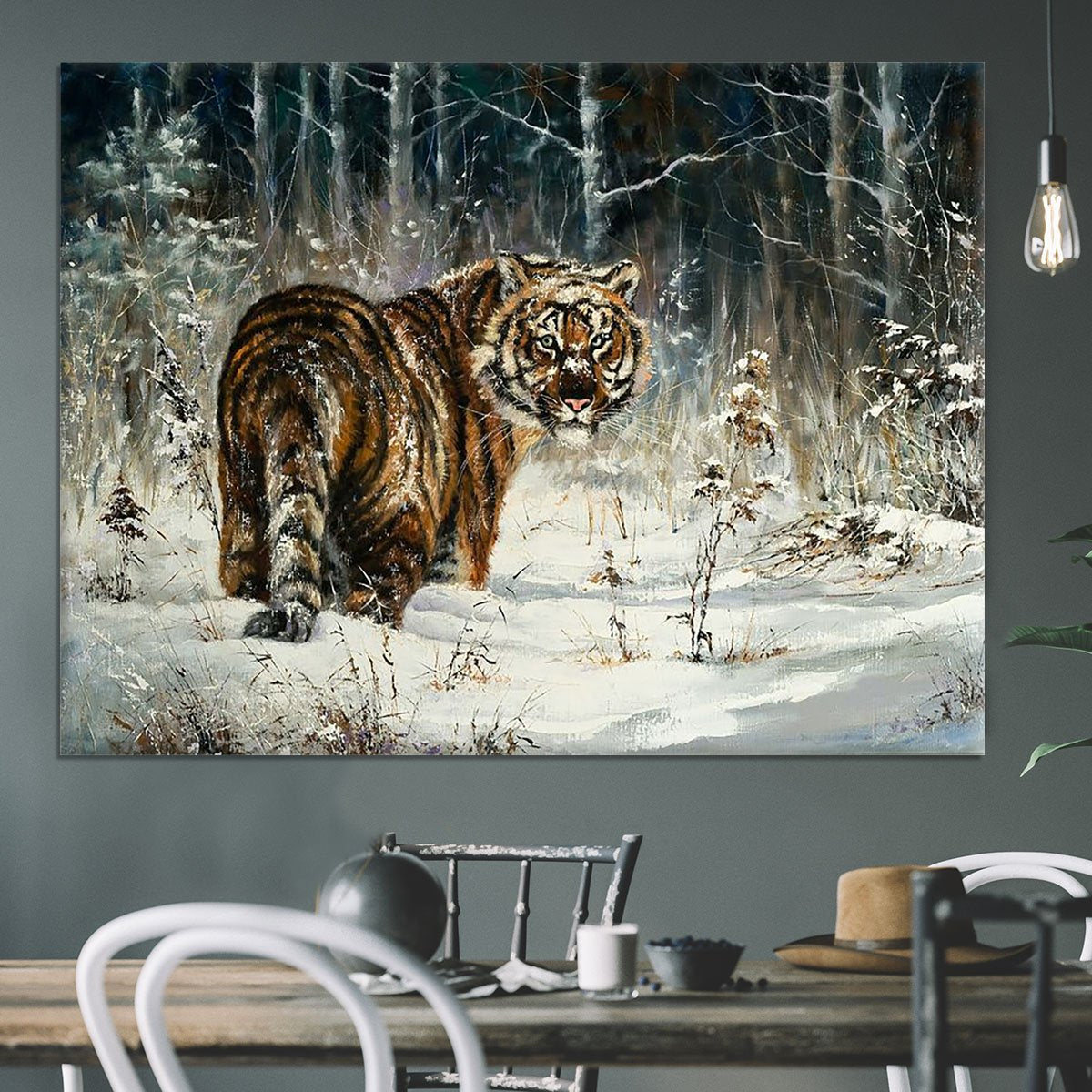 Landscape with a tiger in winter wood Canvas Print or Poster