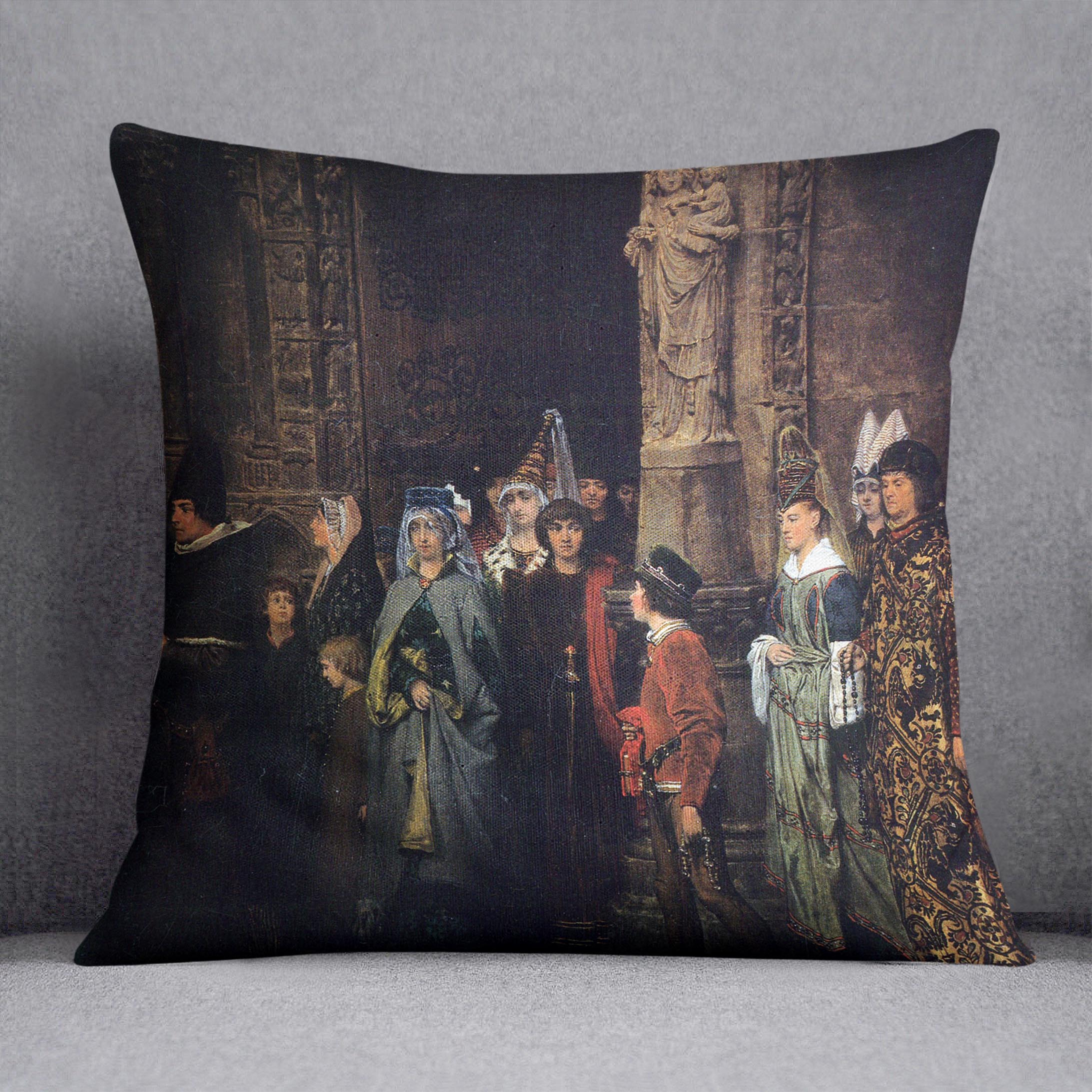 Leaving a church in the 15th Century by Alma Tadema Cushion - Canvas Art Rocks - 1