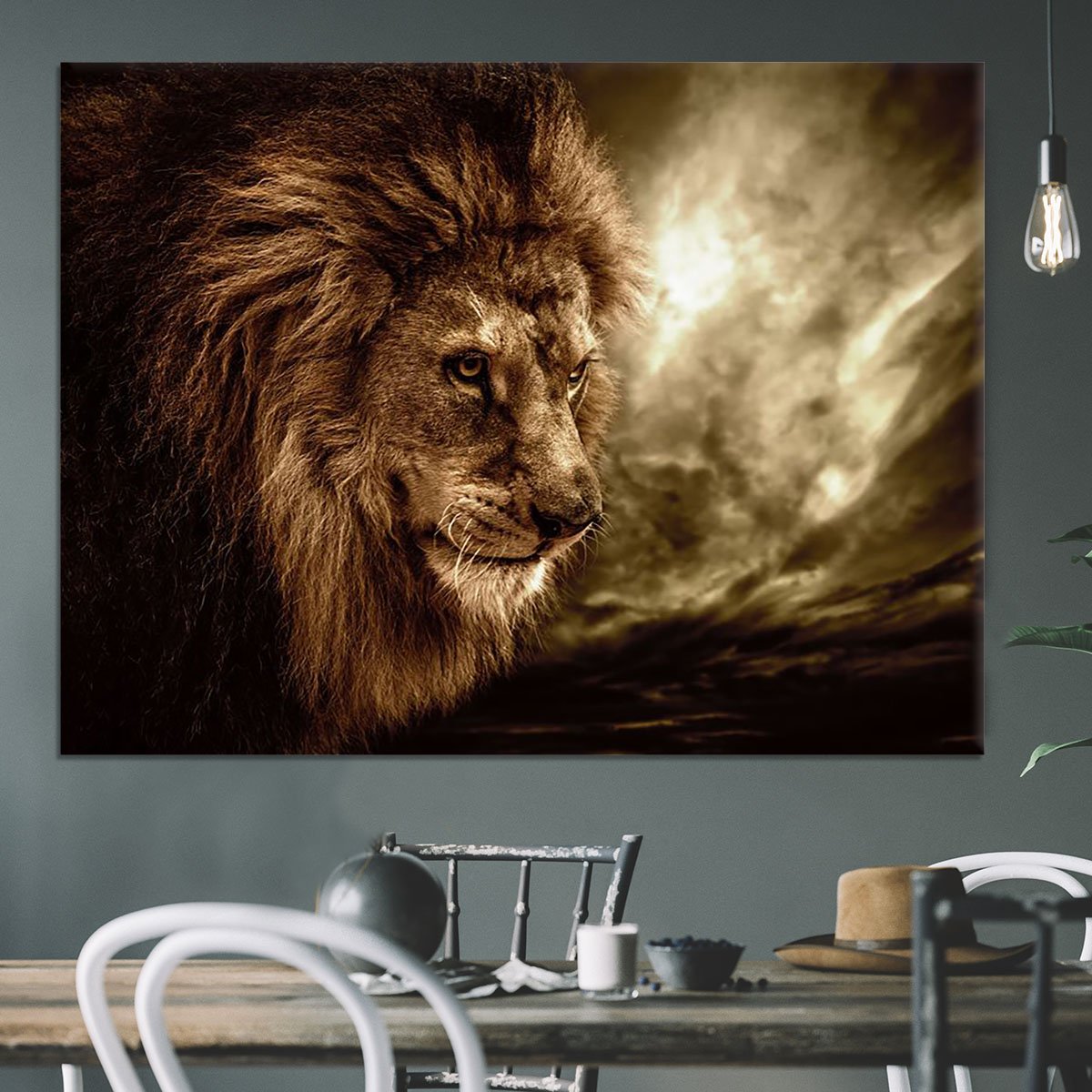 Lion against stormy sky Canvas Print or Poster