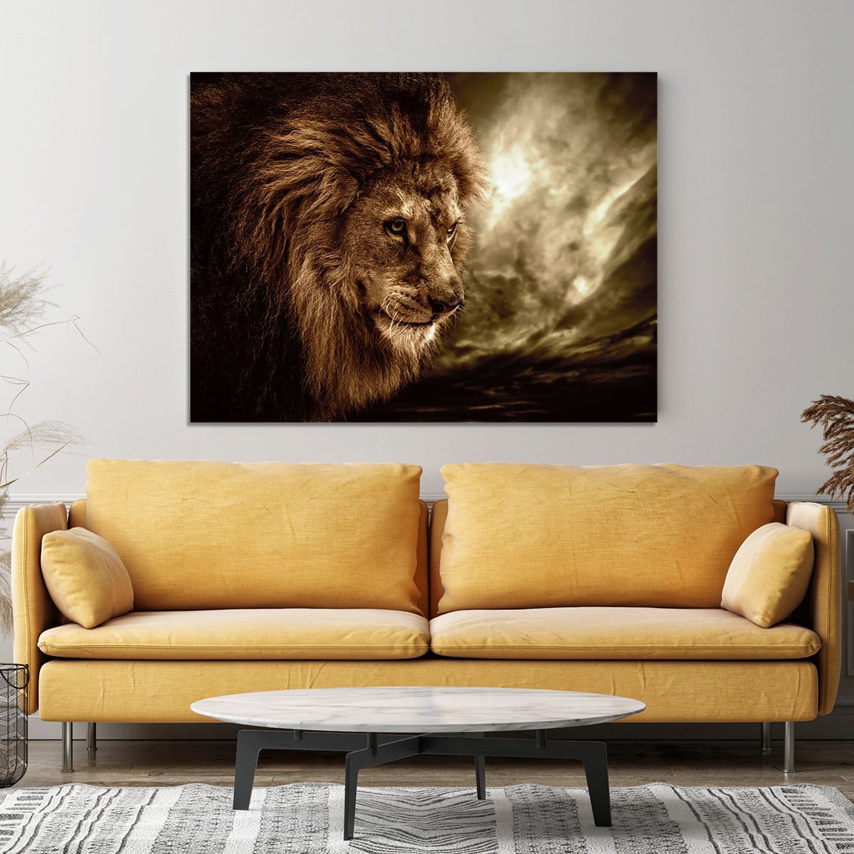 Lion against stormy sky Canvas Print or Poster