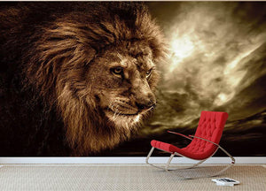 Lion against stormy sky Wall Mural Wallpaper - Canvas Art Rocks - 2