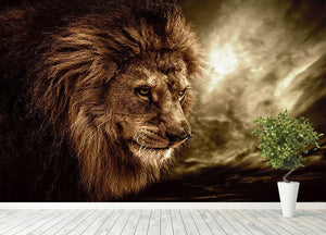 Lion against stormy sky Wall Mural Wallpaper - Canvas Art Rocks - 4