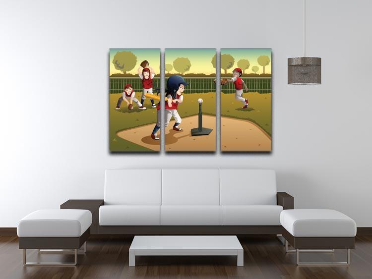 Little kids playing Tee ball 3 Split Panel Canvas Print - Canvas Art Rocks - 3