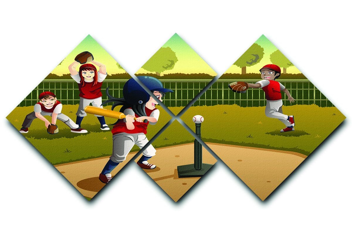 Little kids playing Tee ball 4 Square Multi Panel Canvas  - Canvas Art Rocks - 1