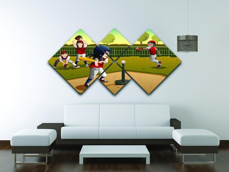 Little kids playing Tee ball 4 Square Multi Panel Canvas - Canvas Art Rocks - 3