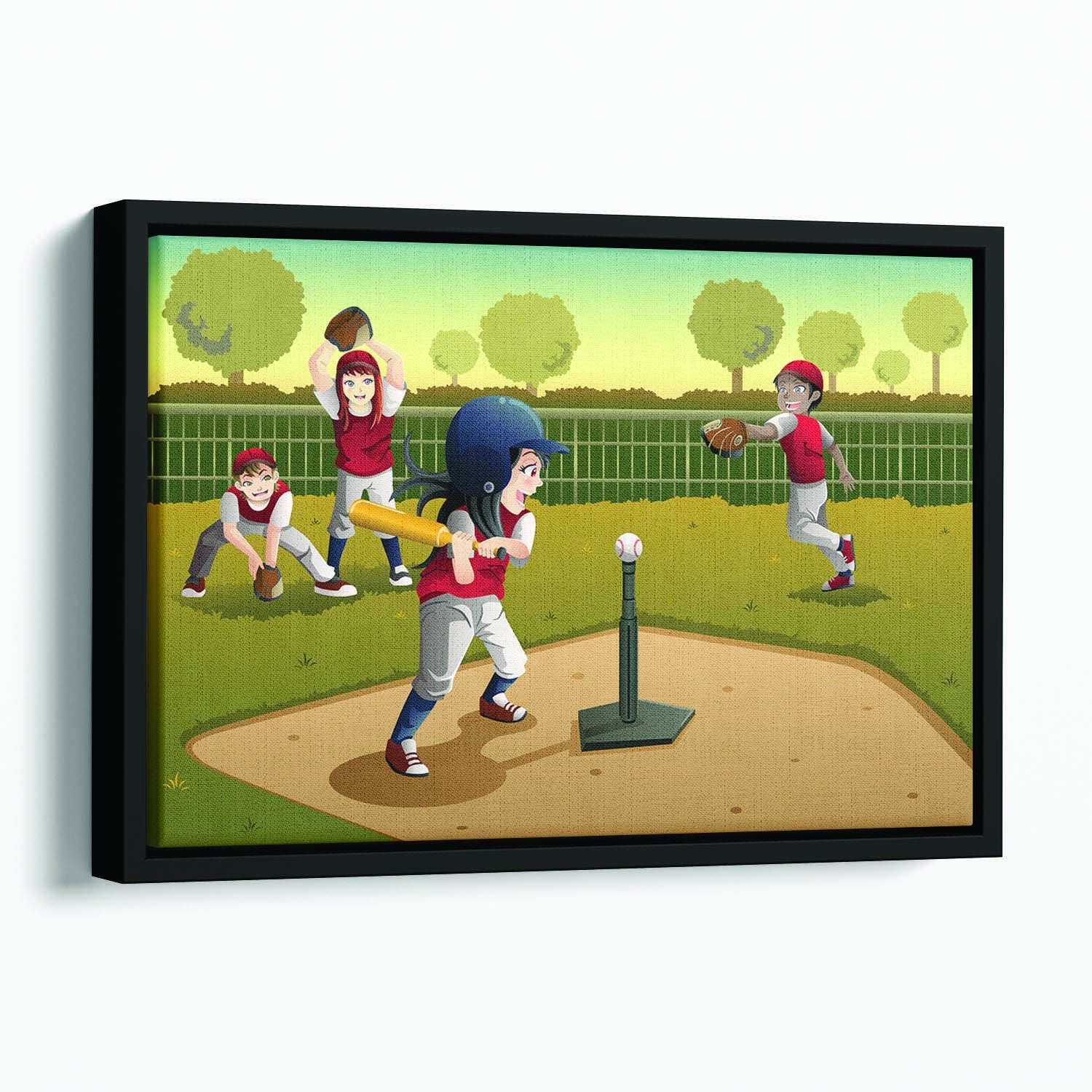 Little kids playing Tee ball Floating Framed Canvas