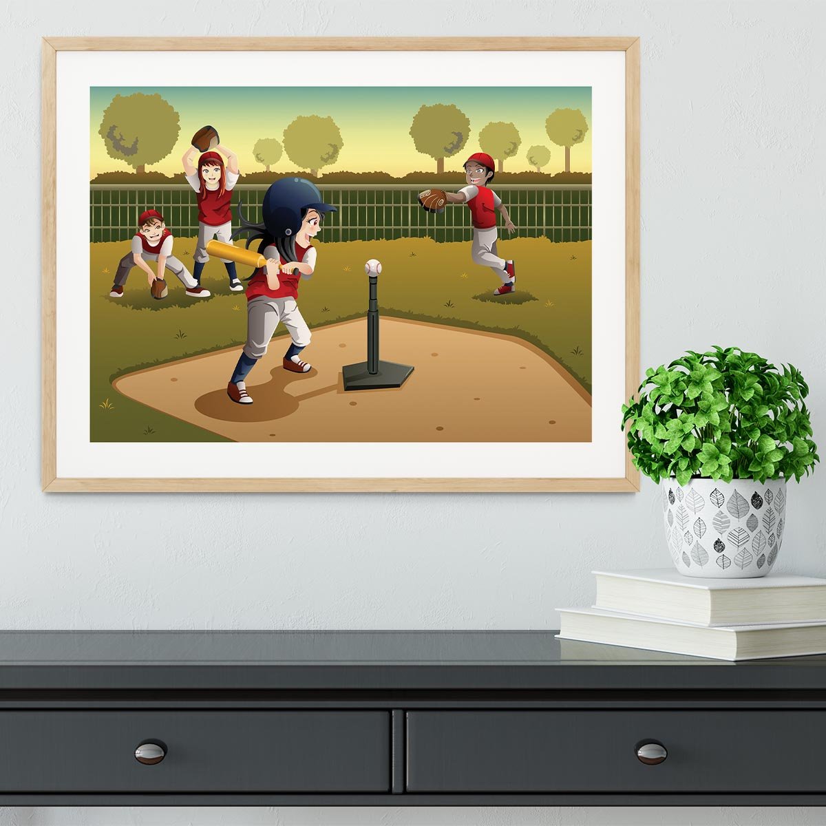 Little kids playing Tee ball Framed Print - Canvas Art Rocks - 3