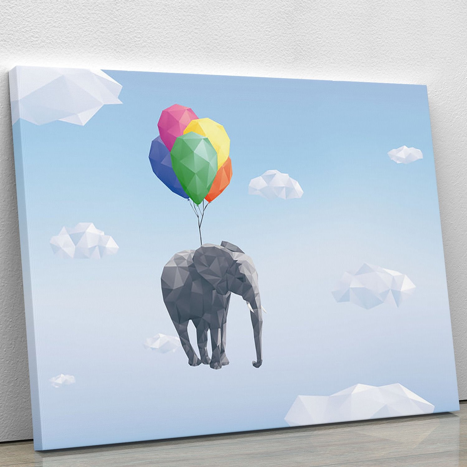 Low Poly Elephant attached to balloons flying through cloudy sky Canvas Print or Poster