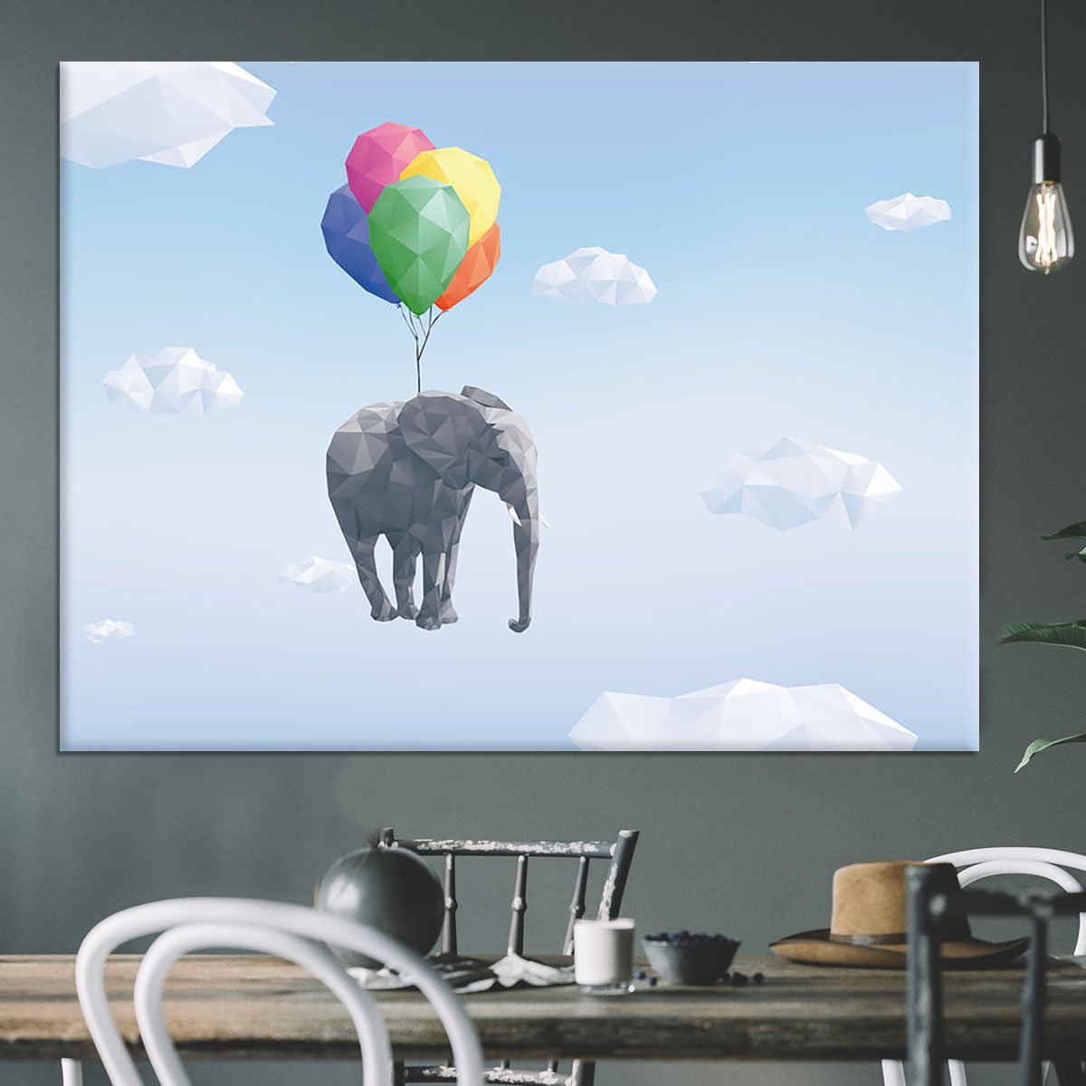 Low Poly Elephant attached to balloons flying through cloudy sky Canvas Print or Poster