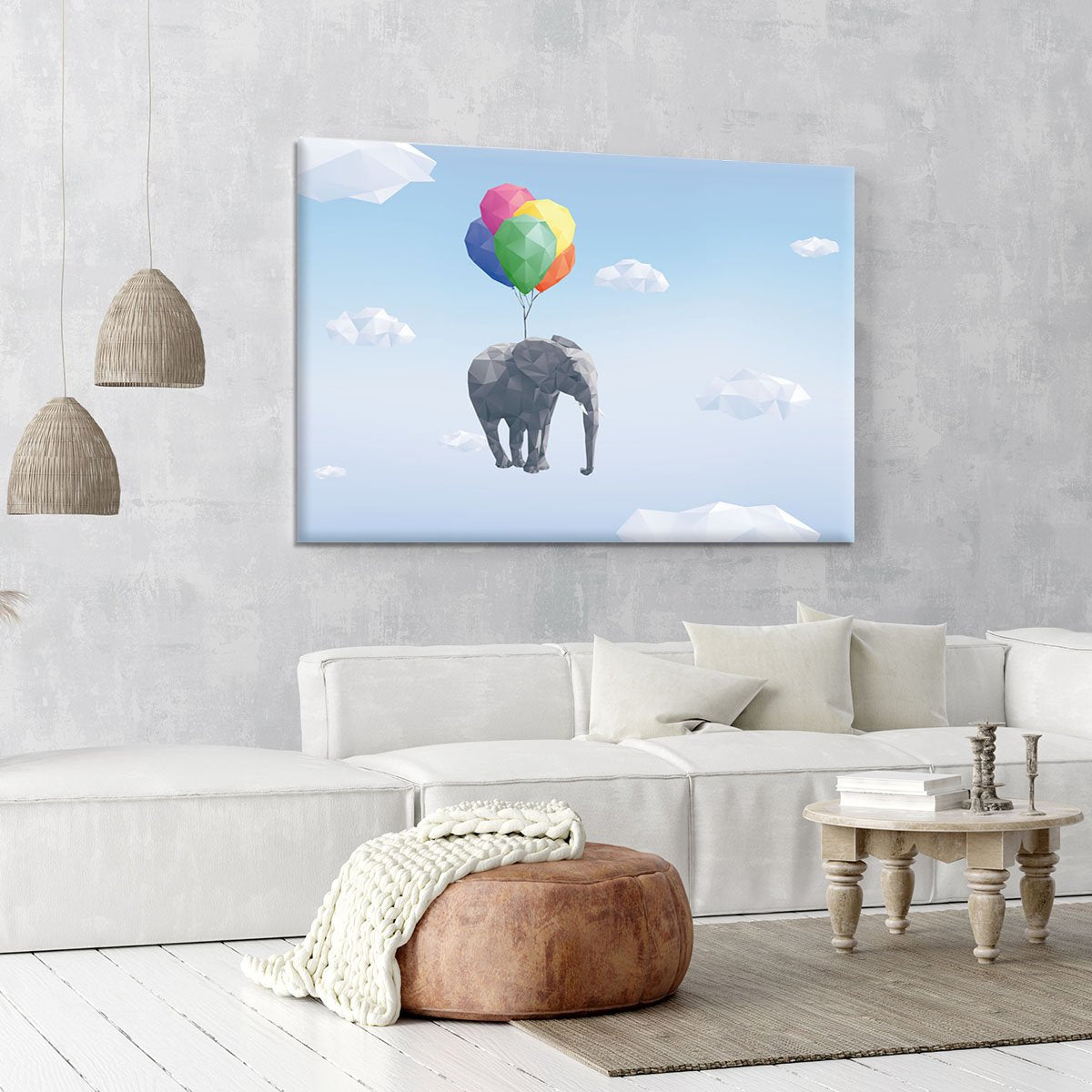 Low Poly Elephant attached to balloons flying through cloudy sky Canvas Print or Poster