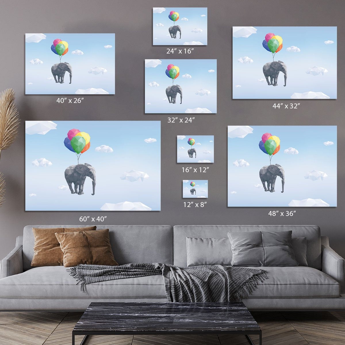 Low Poly Elephant attached to balloons flying through cloudy sky Canvas Print or Poster