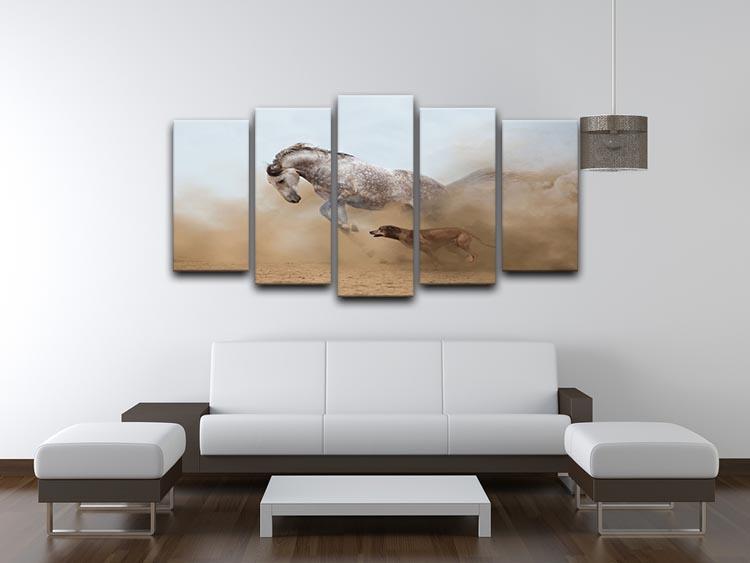 Lusitanian horse is playing with the Rhodesian Ridgeback dog 5 Split Panel Canvas - Canvas Art Rocks - 3