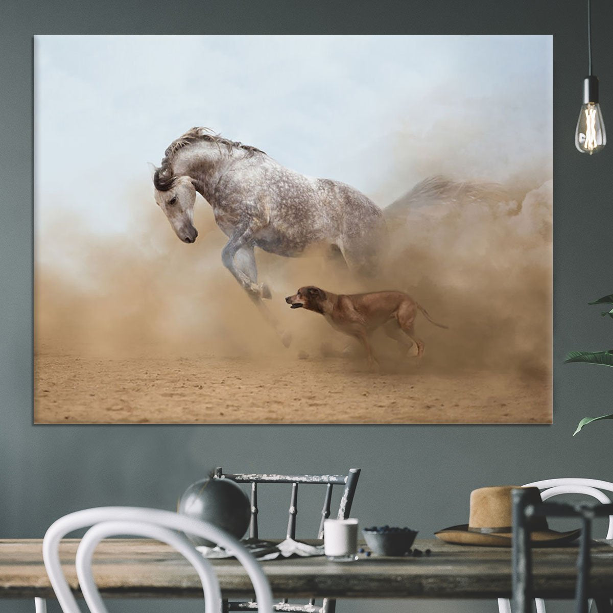 Lusitanian horse is playing with the Rhodesian Ridgeback dog Canvas Print or Poster