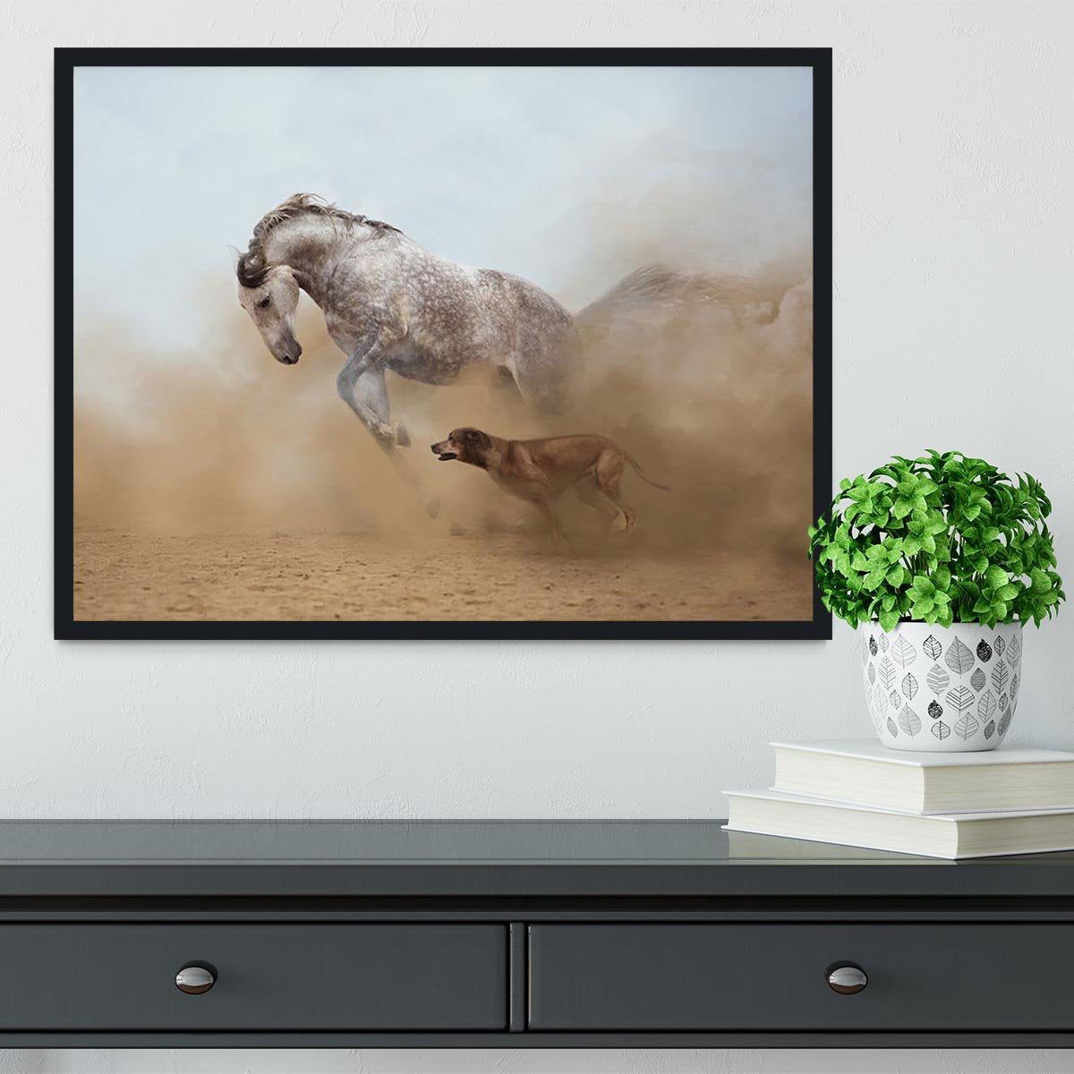 Lusitanian horse is playing with the Rhodesian Ridgeback dog Framed Print - Canvas Art Rocks - 2