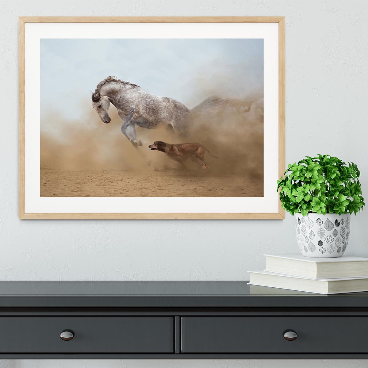 Lusitanian horse is playing with the Rhodesian Ridgeback dog Framed Print - Canvas Art Rocks - 3