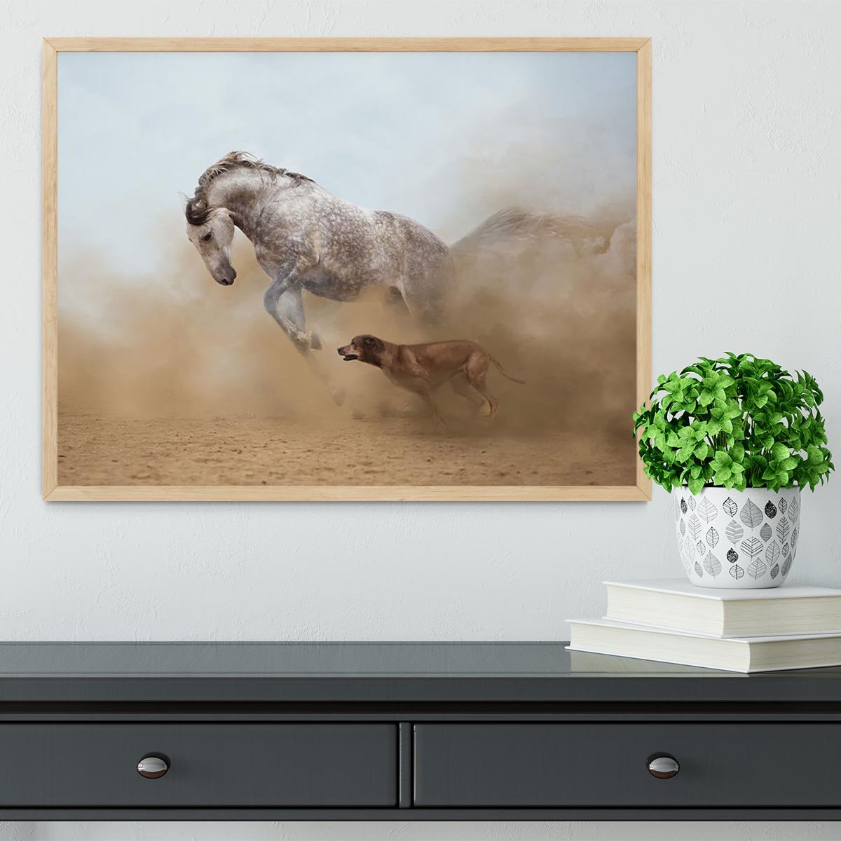 Lusitanian horse is playing with the Rhodesian Ridgeback dog Framed Print - Canvas Art Rocks - 4