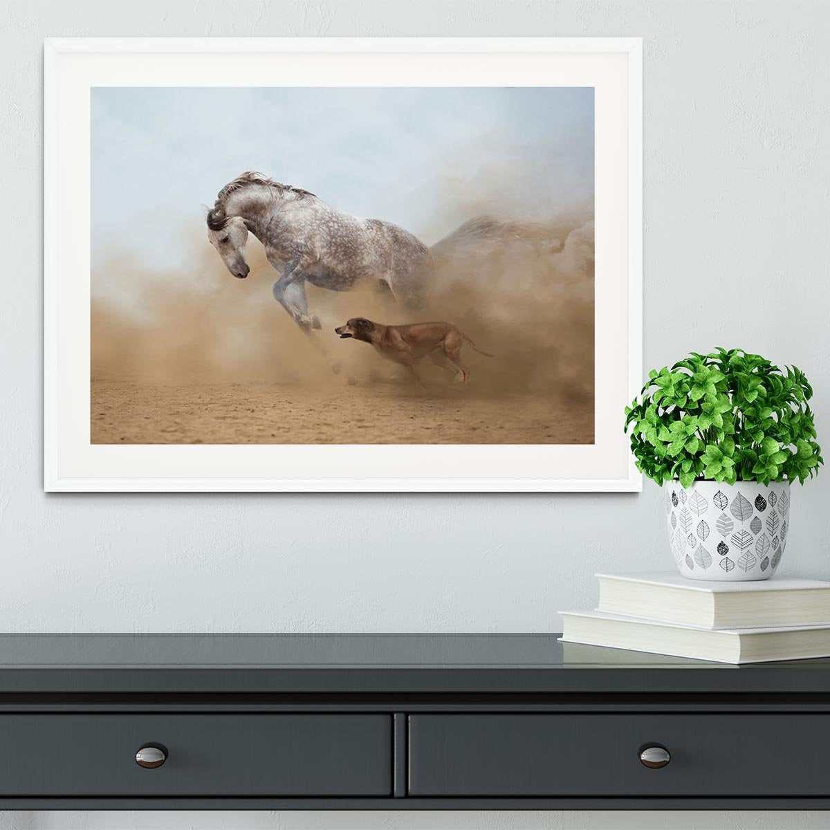 Lusitanian horse is playing with the Rhodesian Ridgeback dog Framed Print - Canvas Art Rocks - 5