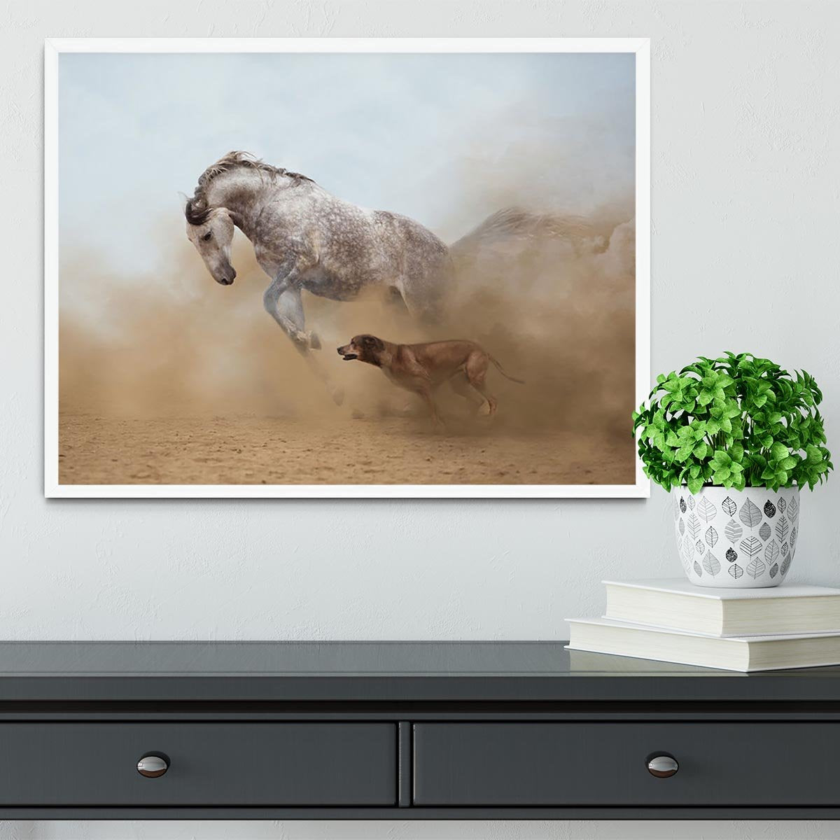 Lusitanian horse is playing with the Rhodesian Ridgeback dog Framed Print - Canvas Art Rocks -6