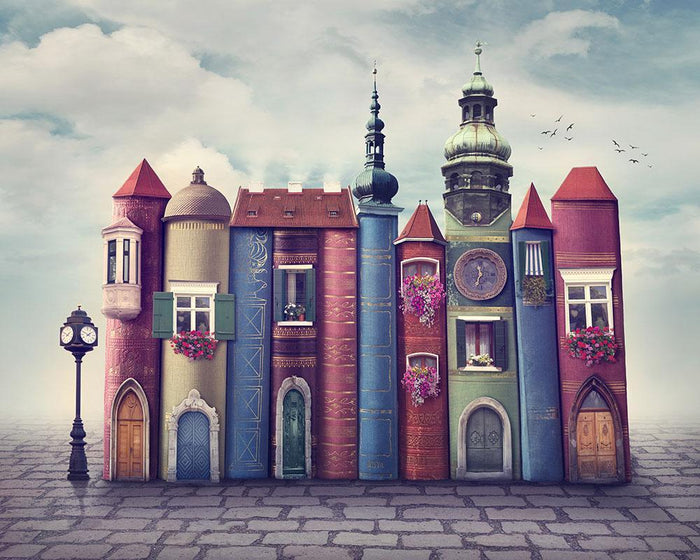 Magic city with old books Wall Mural Wallpaper