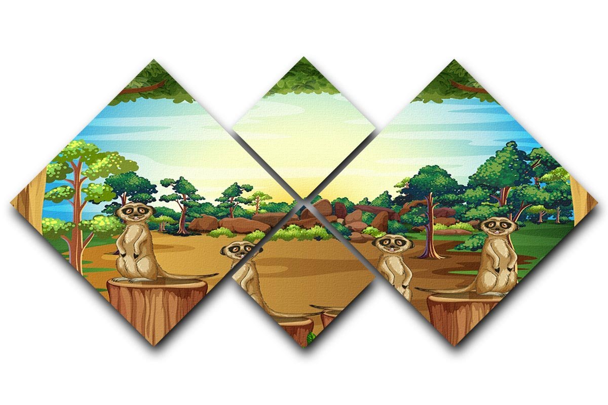 Meerkats standing on log 4 Square Multi Panel Canvas  - Canvas Art Rocks - 1