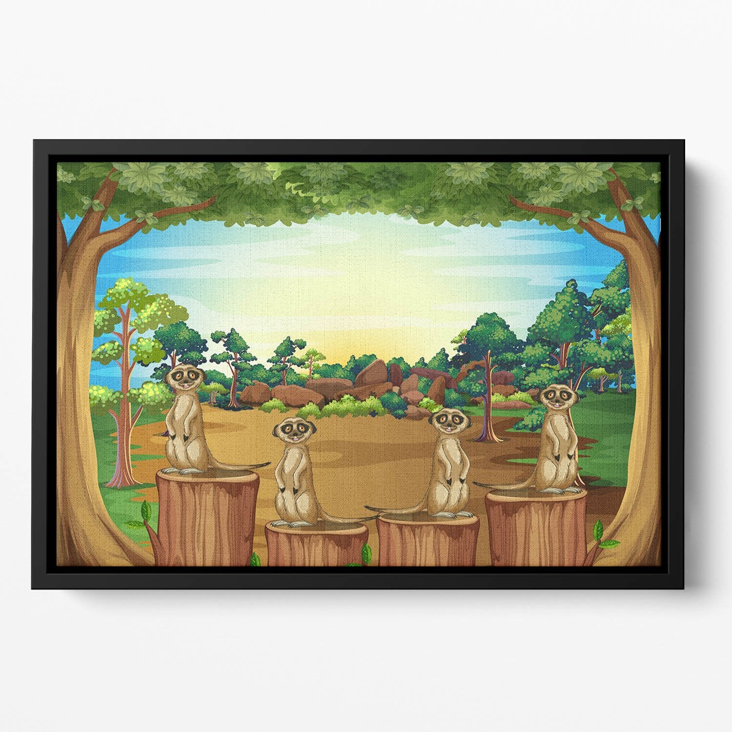 Meerkats standing on log Floating Framed Canvas