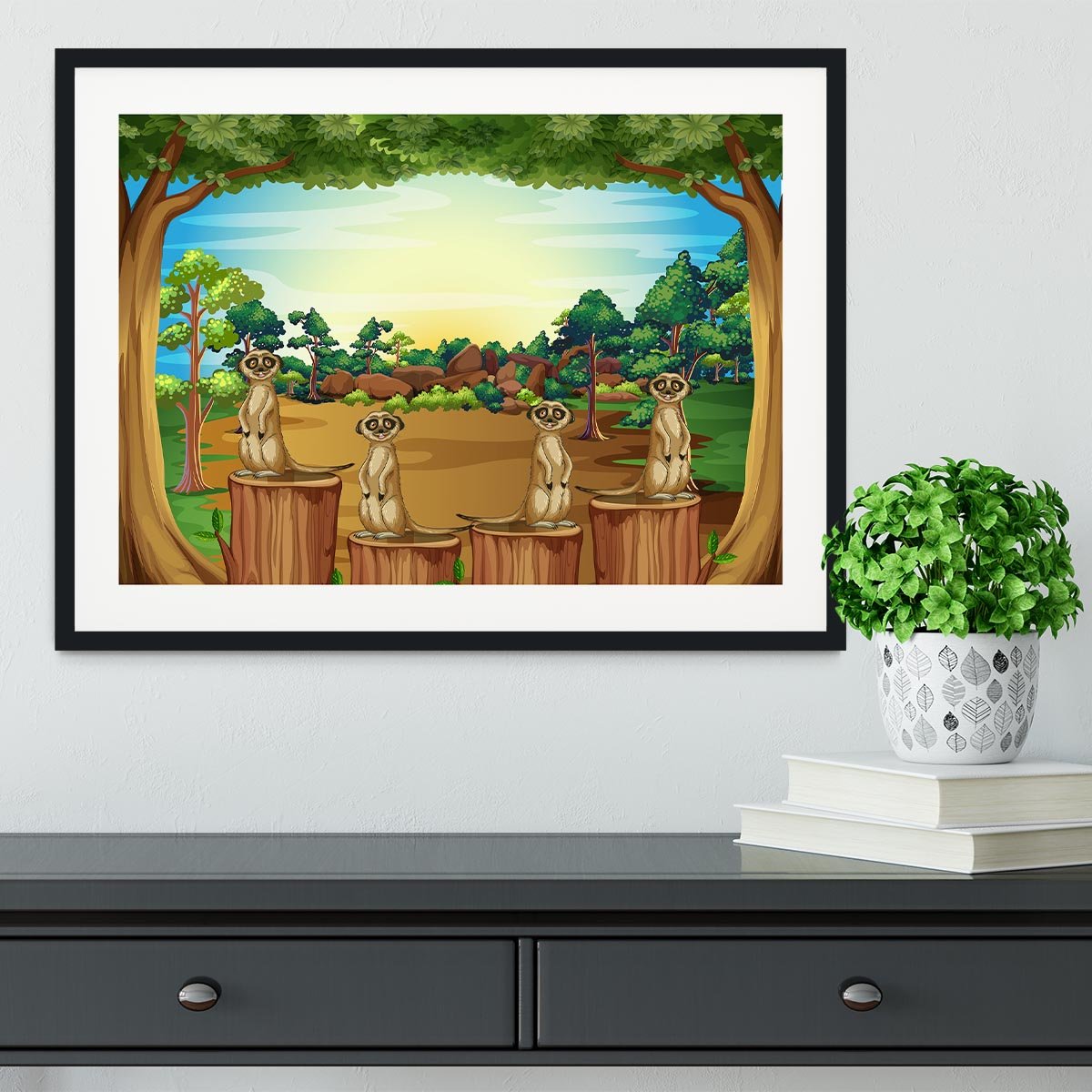 Meerkats standing on log Framed Print - Canvas Art Rocks - 1