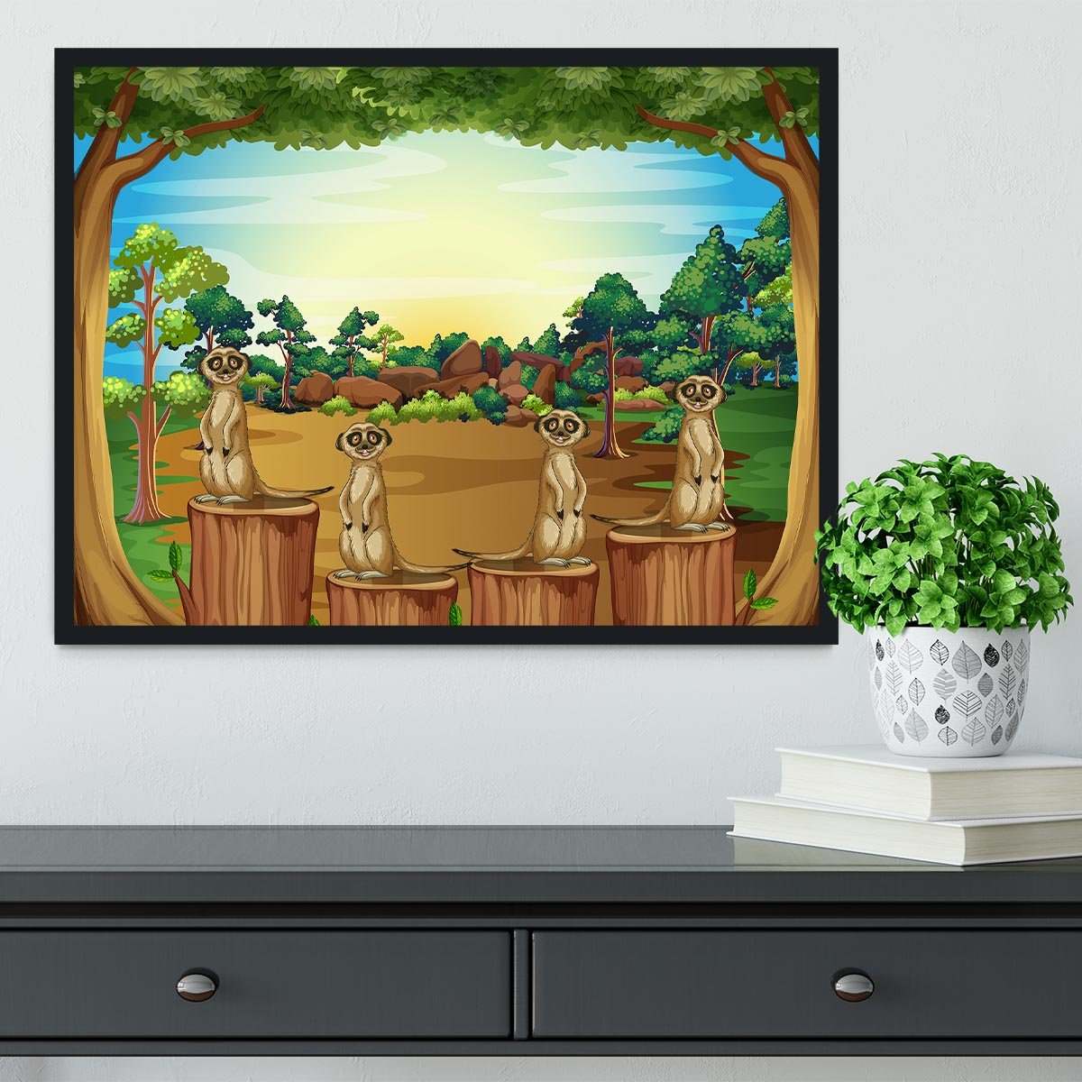 Meerkats standing on log Framed Print - Canvas Art Rocks - 2