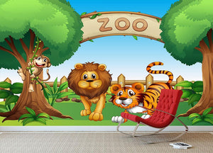 Monkey lion and a tiger at Zoo Wall Mural Wallpaper - Canvas Art Rocks - 3