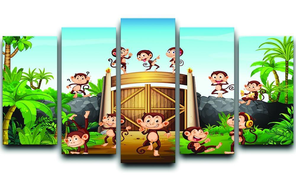 Monkeys having fun at the gate 5 Split Panel Canvas  - Canvas Art Rocks - 1