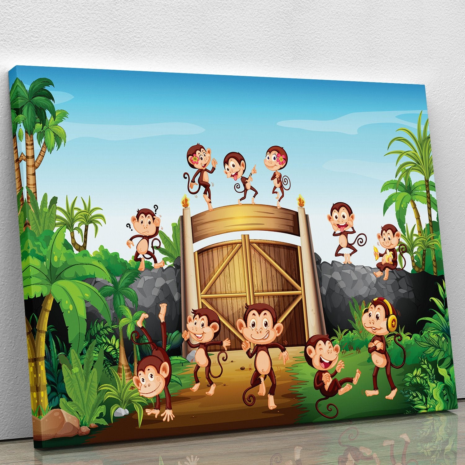 Monkeys having fun at the gate Canvas Print or Poster