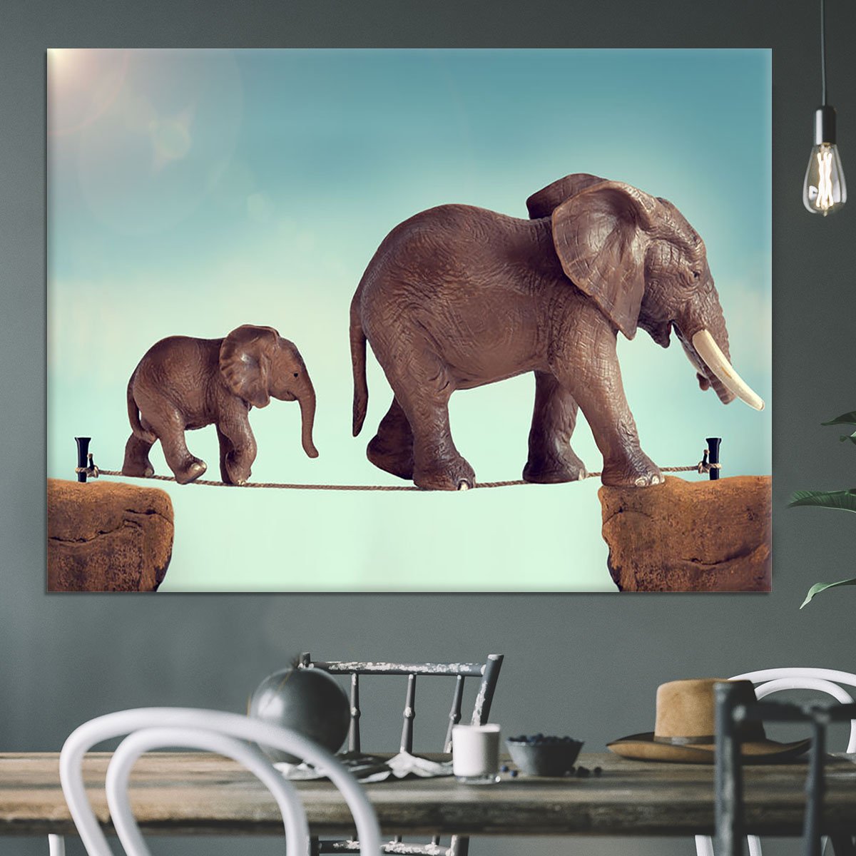 Mother and baby elephant on a tightrope Canvas Print or Poster