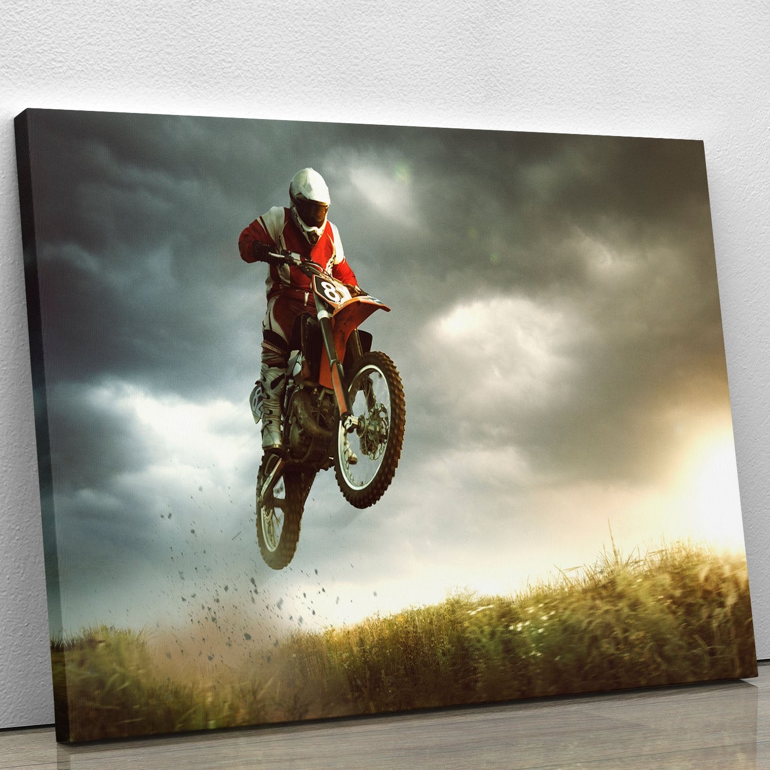 Motorbike jumps in the air Canvas Print or Poster