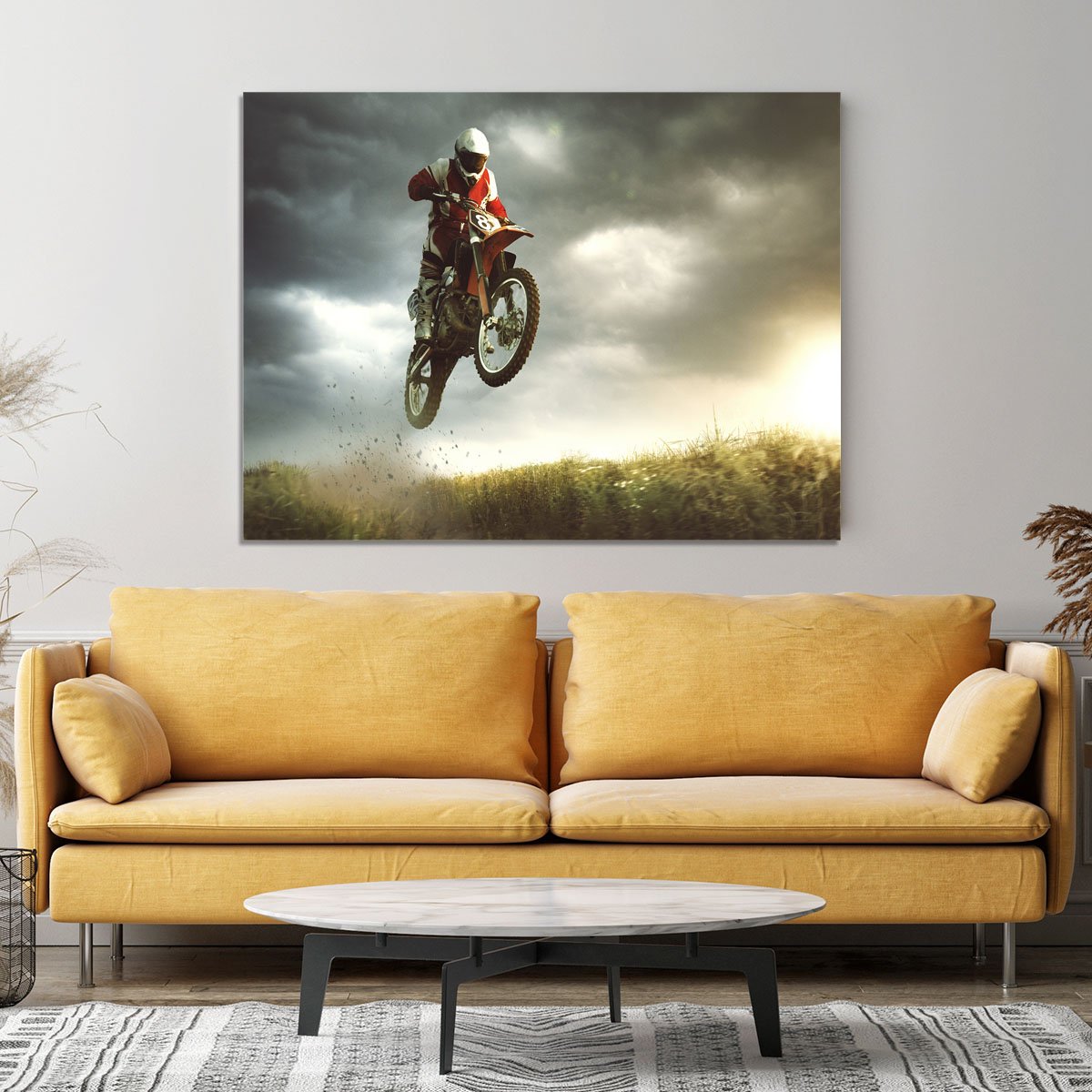 Motorbike jumps in the air Canvas Print or Poster